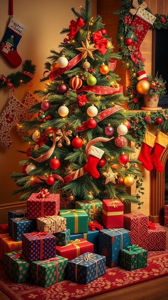 A decorated Christmas tree with gifts underneath, creating a warm holiday atmosphere.